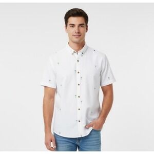 Free Planet Men's Shirt Large White Short‎ Sleeve Button Up Palm Tree Print